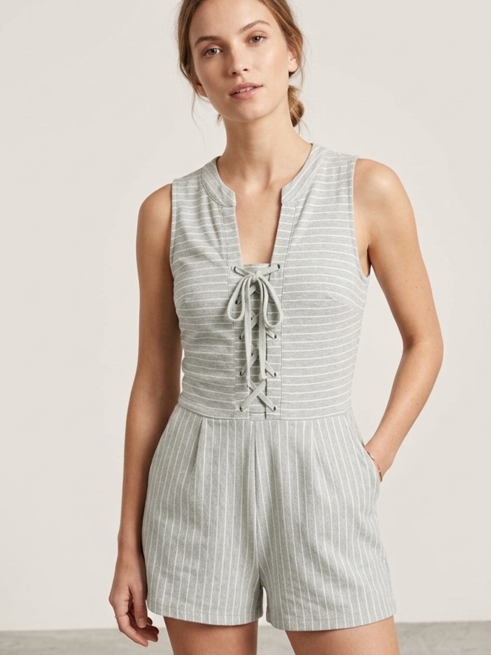 Striped‎ Sleeveless Tie-Front Romper in Light Sage